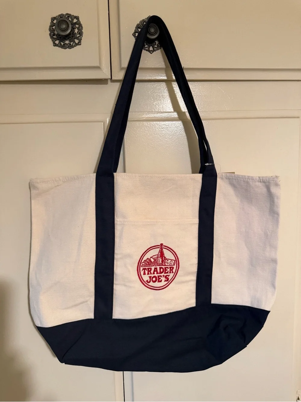 Authentic Trader Joe’s  Canvas Tote Bag in White and Navy 20X 13”